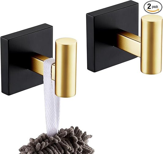KOKOSIRI Robe Hooks for Bathrooms Towel Hook Wall Mounted Coat Hooks, Bathroom Hardware 2 Pack Black with Gold Stainless Steel B1013GDK-P2