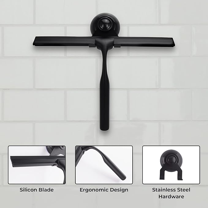 Matte Black Shower Squeegee for Glass Doors with Adhesive Hooks, Squeegee for Shower Glass, Cleaner Tool for Bathroom Household Window Mirror Tile Wall Car, 10 Inch Black