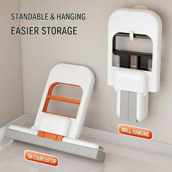 Mini Foldable Desktop Mop, Snap-Grip Mini Mop 2 Packs(Orange/Black) with 4 Reusable Heads ，One-Hand Use Sponge Mop for Kitchen Counter, Desks, Tables, Glass, Bathroom Tiles