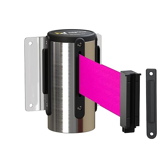 Montour Line WM115 Wall Mounted Retractable Belt Barrier with Standard Belt End, Fixed Mount, Polished Stainless Steel Casing (13 ft Fluorescent Pink Belt)