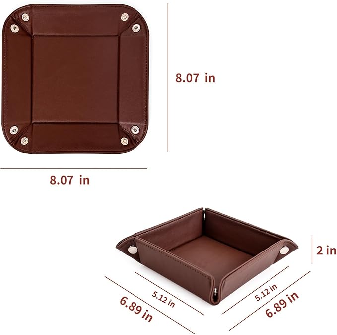 BONNY DODO Valet Tray for Men PU Leather Tray Organizer with Partition, Storage Keys, Watch & Practical Storage for Table Nightstand Living Room Bedroom (Dark Brown-Square)