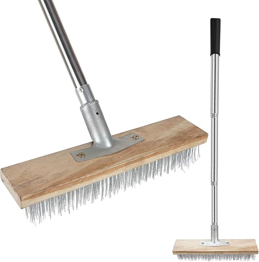 Floor Scrub Brush, Deck Brushes for Scrubbing Heavy Duty, Concrete Scrubber Outdoor Broom, Metal Wire Pool Brush Stainless Steel, Garage Patio Gunite Tile Algae Moss Cleaning Tool Long Handle