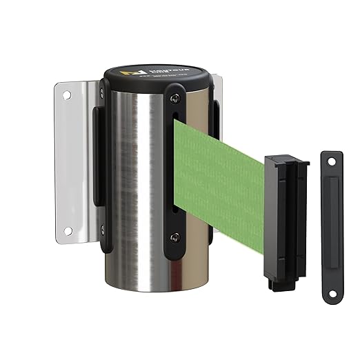 Montour Line WM115 Wall Mounted Retractable Belt Barrier with Standard Belt End, Fixed Mount, Polished Stainless Steel Casing (13 ft Light Green Belt)