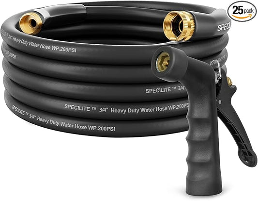SPECILITE 3/4" Hot/Cold Garden Hose 25 ft with Industrial High Pressure Nozzle, Flexible & Lightweight, 600psi Burst Rubber Water hose -50℉-158℉ With 3/4" Brass Fittings for Yard, Black