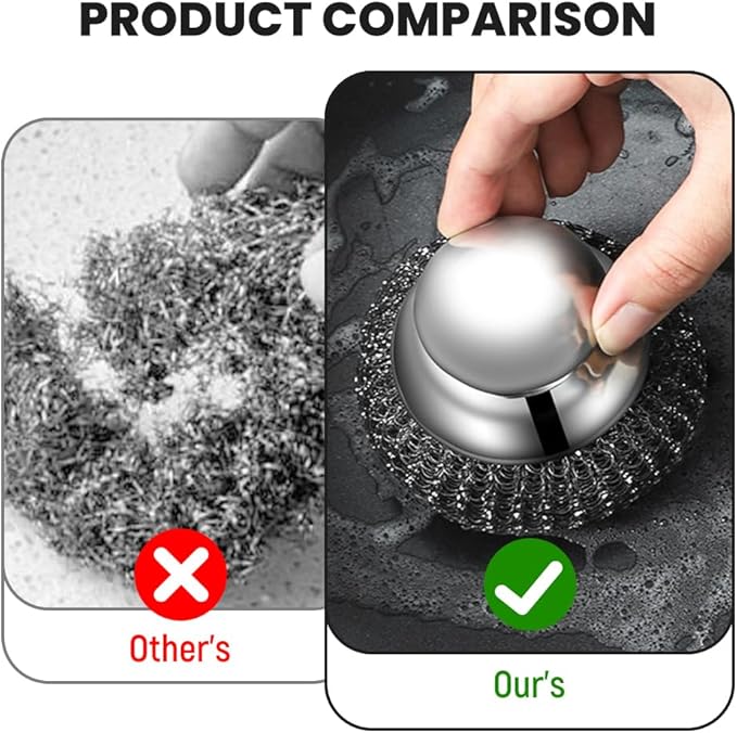 Steel Wool Scrubber with Handle, Upgrade Heavy Duty Stainless Steel Dish Scrubber for Cleaning Dishes, Iron Pots, Stoves, Kitchen Sink (3 pcs)