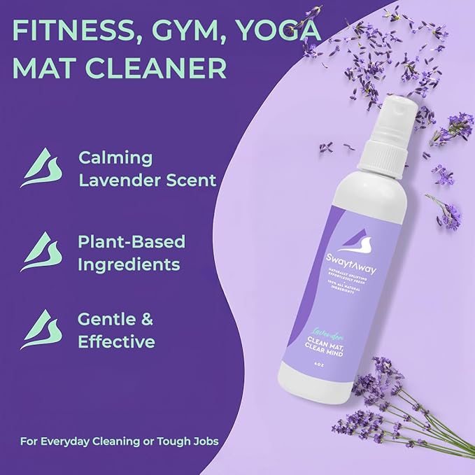 SwaytAway Fitness Mat Mist – 4oz Travel Size Yoga Mat Spray with Towel - (Pack of 2) – Aromatherapy-Inspired Lavender and Patchouli Blend – Plant-Based, No Rinse, Refreshes & Deodorizes