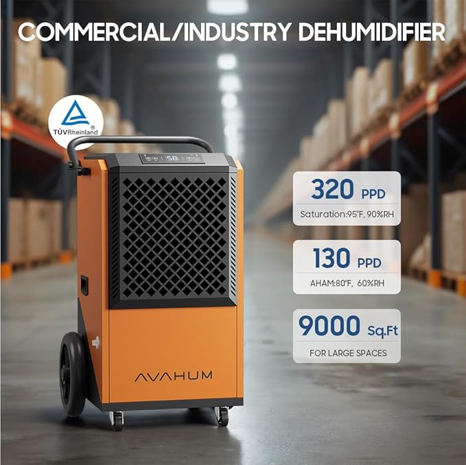 Commercial Dehumidifier for Basement,320 Pint Commercial Grade Dehumidifiers,9500 sqft Large Spaces for Industrial, 24H Timer,38 Gallon/Day,Continuous Dehumidification,Auto Defrost,For 20A Socket