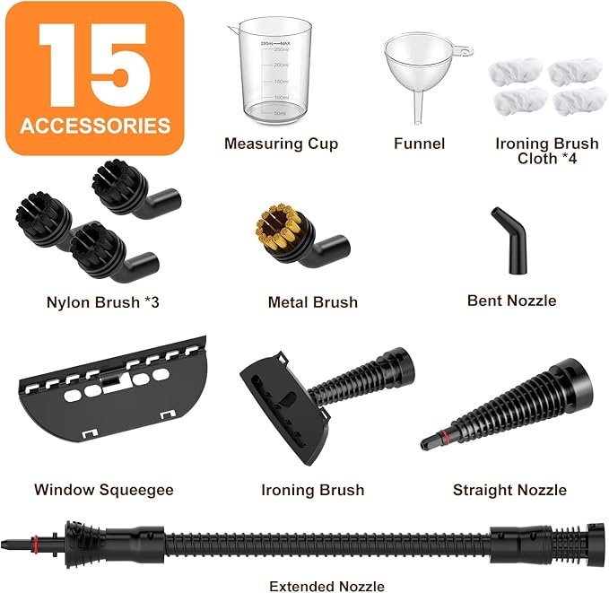 Handheld Steam Cleaner for Home, Pressurized Portable Steamer for Cleaning with 15 Accessories for Multi-Surface Cleaning, Floors, Tiles, Grout, Kitchen, Bathroom, Couch & Car