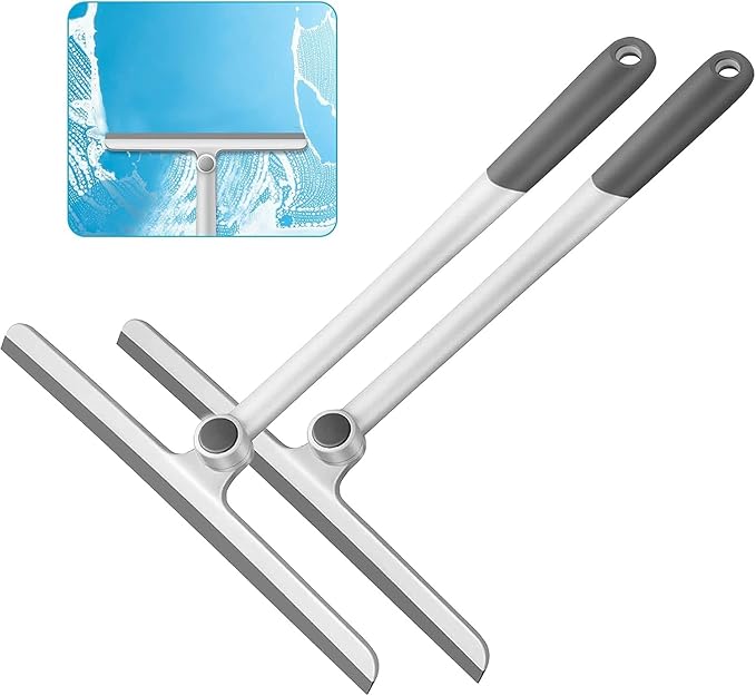 WONDAY Shower Squeegee for Glass Doors, 12" Long Handle Window Squeegee Cleaning Tool, Streak-Free Silicone Blade for Bathroom Mirror, High Windows, Car Windshield (Grey-2 Pack)