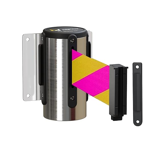 Montour Line WM115 Wall Mounted Retractable Belt Barrier with Standard Belt End, Fixed Mount, Polished Stainless Steel Casing (8.5 ft Magenta and Yellow Diagonal Belt)