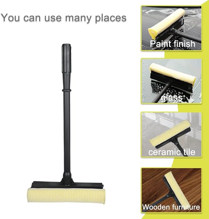 Window Squeegee Cleaning Tool 2 in 1 Window Cleaning Car Squeegee Windshield Cleaning Sponge and Rubber Squeegee,Yellow