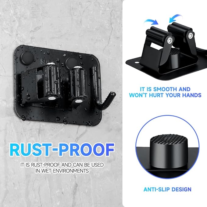 2-Pack Broom Holder with Heavy Duty Hooks, Upgraded Stainless Steel Mop Hanger. Wall Mount Utility Tool Rack for Kitchen Garden Laundry Garage. Matte Black.