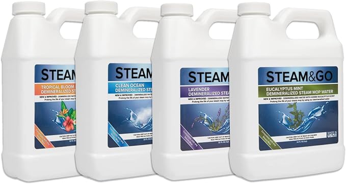 Steam and Go Demineralized Water Bundle - Multi-Surface Cleaning Solution for Steam Mop, Ready-to-Use Floor Cleaner, No PVC, Home & Office Use, Compatible w/Any Mop - Assorted Scents, 32oz, Pack of 4