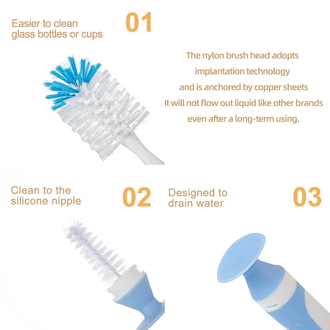 Chemimoso Multifunctional Cleaning Brush, Baby Bottle Brush, Water Bottle Brush Cleaner, Cup Brush, Rotate The Suction Cup to Obtain The Small Bristle Brushes Hidden in Handles, Set B, Grey