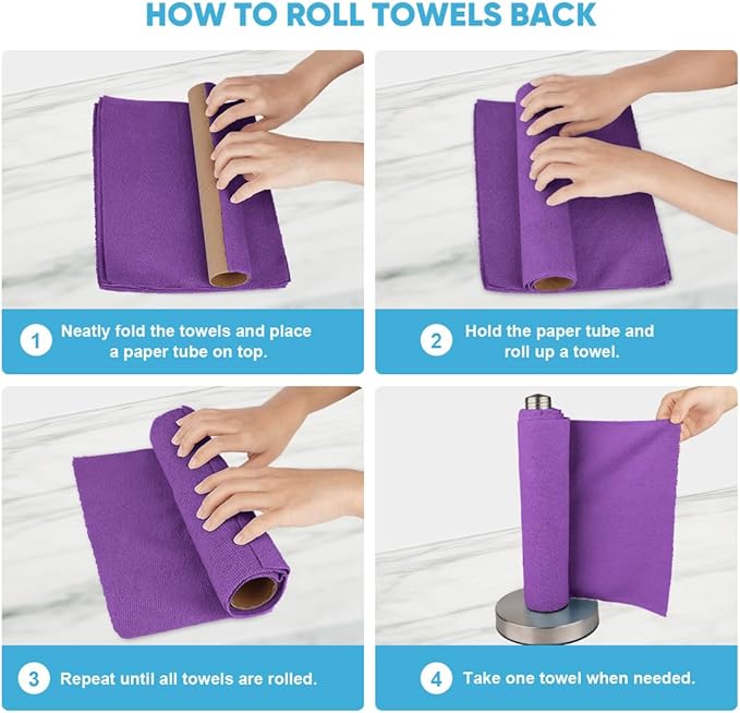 AIDEA Microfiber Cleaning Cloth Roll, 50PK, Reusable Paper Towels Tear Away Cloth, Microfiber Towels for Cars, Lint Free Cleaning Rags for House, Kitchen, Window, 11.5"×11.5", Purple