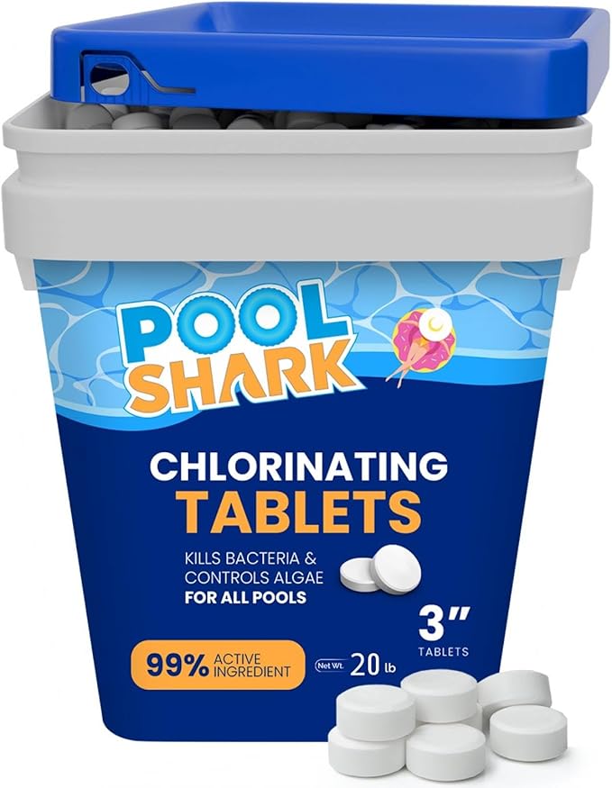 Pool Shark Swimming Pool Chlorine Tablets - 3-Inch Chlorine Tablets - Slow-Dissolving 90% Active Chlorine Tabs - Pool Chemicals for Inground Pools, Above Ground Pools, Saltwater, Spa, Hot Tub (20 lbs)