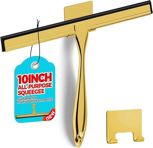 10-Inch Golden All-Purpose Shower Squeegee for Shower Doors, Tile Shower Walls, Bathroom, Window, Glass and Car Windshield, Mirrors and Kitchen-Stainless Steel