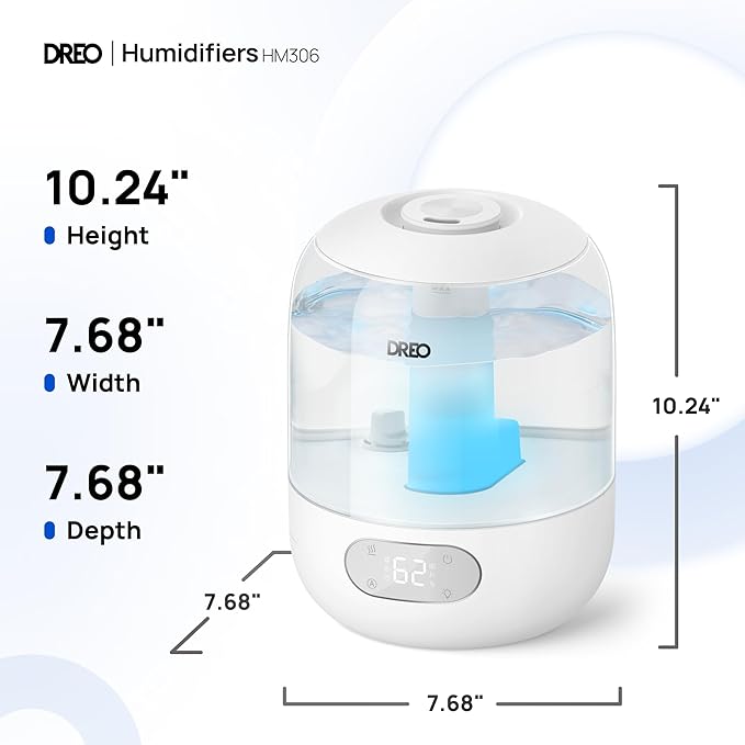 DREO Humidifiers for Bedroom, 3L Top Fill 30H & 26dB Quiet Runtime for Large Room, Cool Mist Ultrasonic Humidifier with Humidity Sensor, Night Light for Home, Baby, Nursery, Plants, New Edition