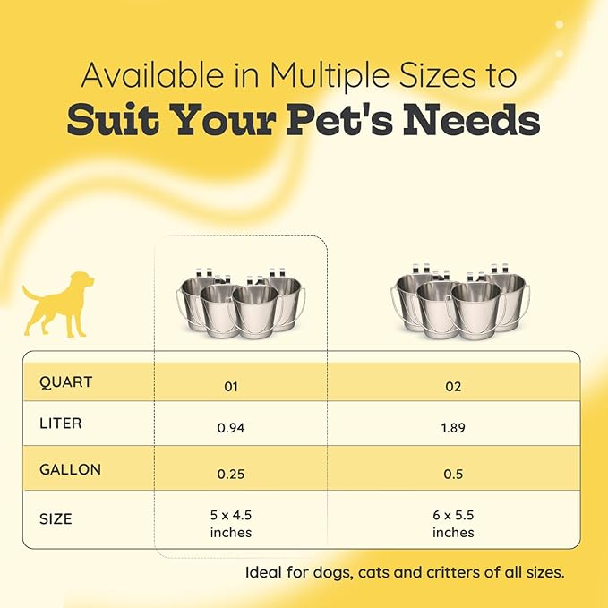 1 Quart Stainless Steel Flat Sided Bucket with Dual Hooks | 4 Pcs Durable Food & Water Bowl for Dog Cat Bird & Small Animals | Fits kennel Cage Crates Farm Hanging Pet Pail | Multipurpose