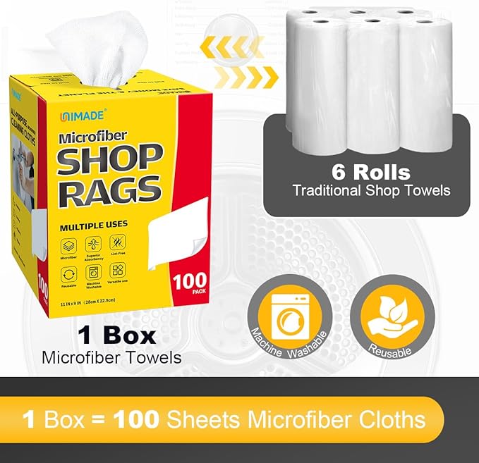 Shop Rags, 100 Sheets Microfiber Cleaning Cloth Commercial Grade Washcloths Lint-Free Bulk Shops Towels for Cars Mechanic Restaurant Garage Housekeeping, 11"x 9", White