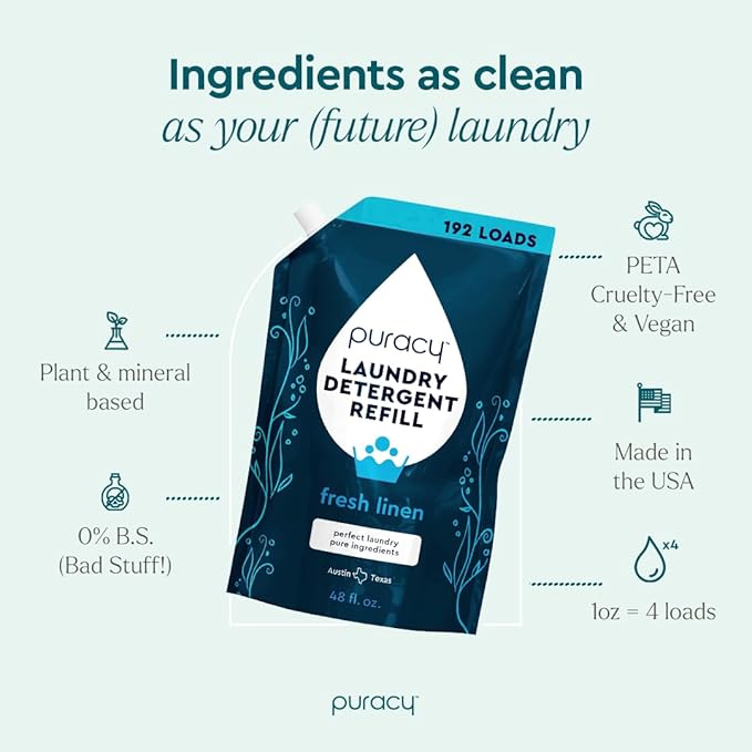Puracy Laundry Detergent Refill - Enzyme-Powered Liquid Laundry Detergent Concentrate, Natural Laundry Detergent Seen on TikTok, Non-Toxic (Fresh Linen, 48 fl oz, 192 Loads) (Pack of 2)