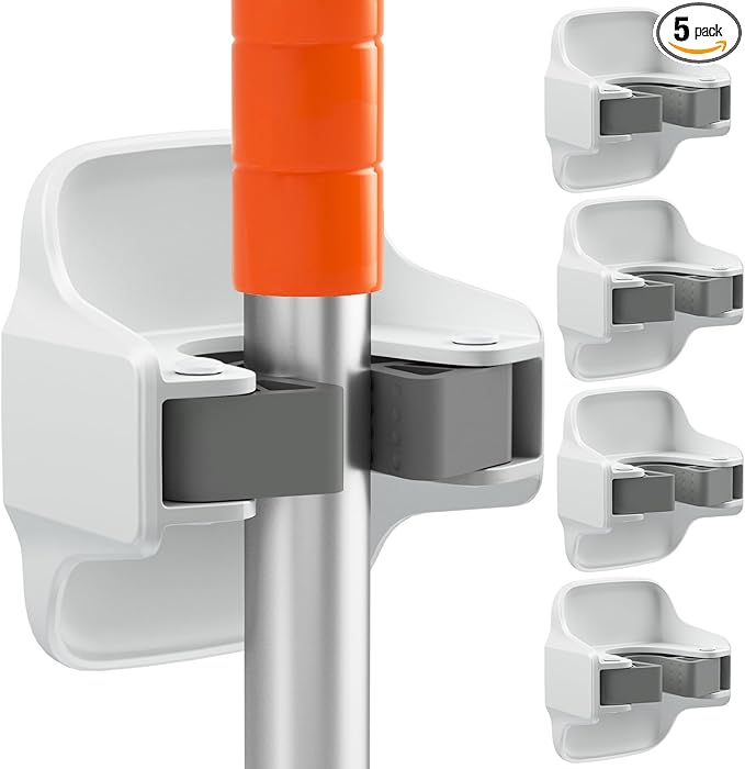 reliahom 5 Pack Broom Holder Wall Mount Mop Grippers No Drilling Self Adhesive Anti-Slip Mop Handle Hanger Dustpan and Broom Organizer Garage Storage Racks-White