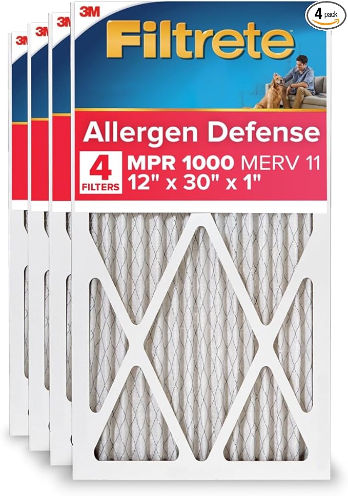 Filtrete 12x30x1 AC Furnace Air Filter, MERV 11, MPR 1000, Micro Allergen Defense, 3-Month Pleated 1-Inch Electrostatic Air Cleaning Filter, 4 Pack (Actual Size 11.81 x 29.81 x 0.81 in)