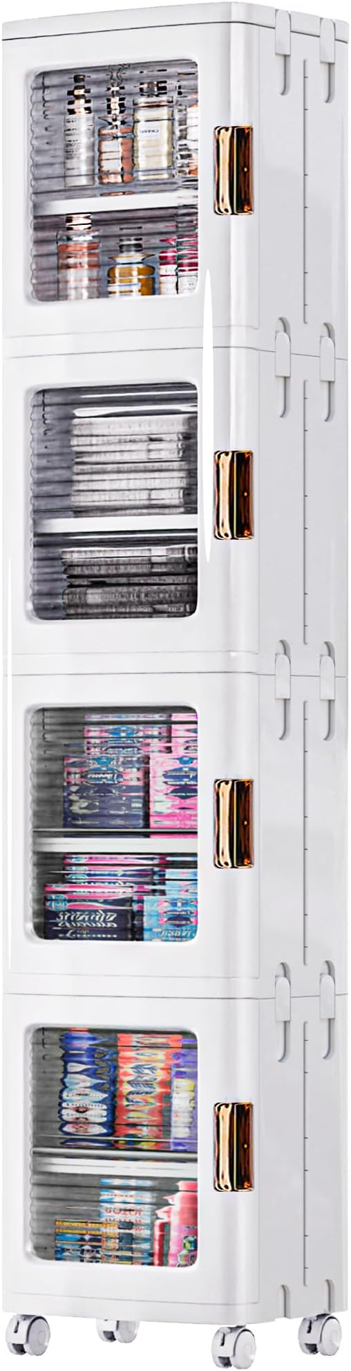 VECELO 4-Tier Tall Narrow Storage Cabinet with Movable Wheels, Adjustable Shelves, Anti-Tip, Slim, for Small Space, Bathroom, Kitchen, Laundry, White