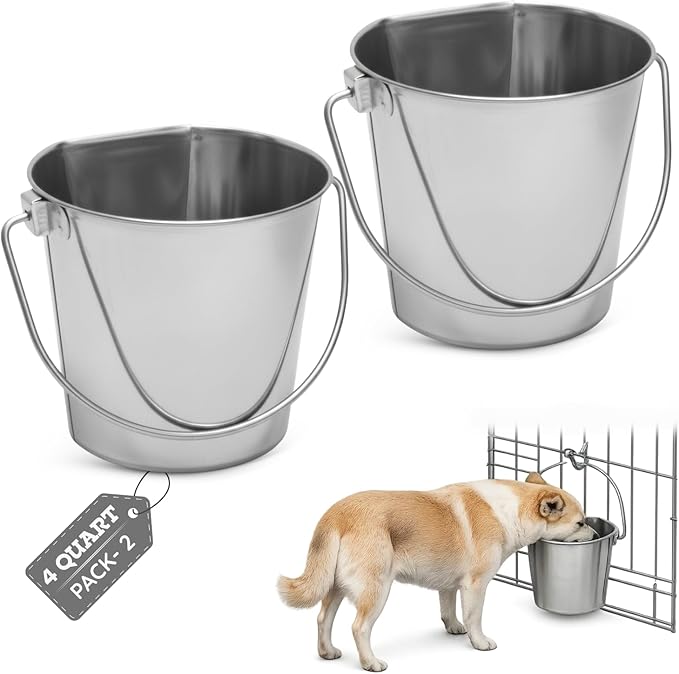 Flat Side Stainless Steel Bucket 4 Quart Hanging Feeding Pail for XL Dogs Cats Goats Sheep, Fits Kennel Cage Compatible, Heavy Duty Food and Water Feeder, 1 Gallon Silver Buckets 2 Pack