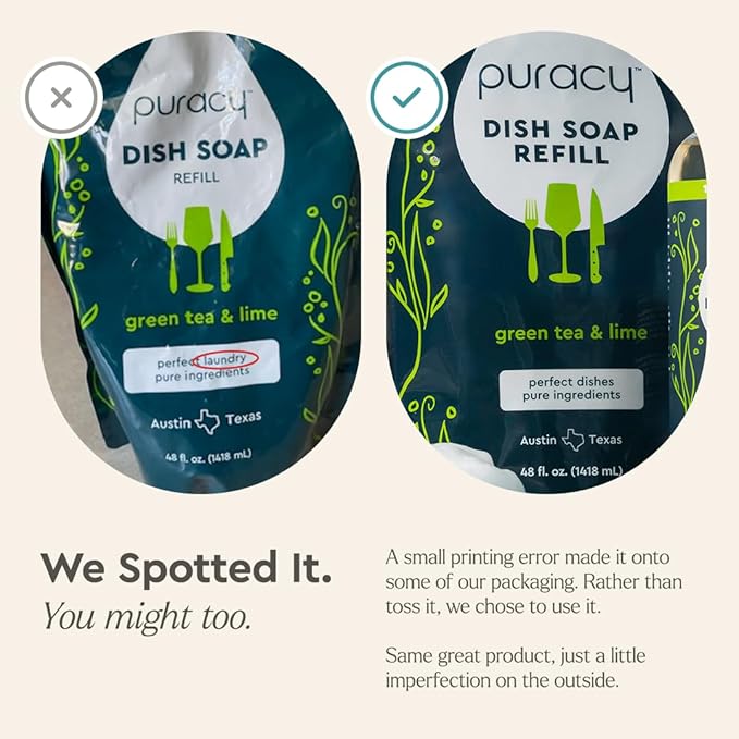 Puracy Natural Dish Soap Refill - Skin-Softening Plant-Based Liquid Dishwashing Detergent Soap, Clean-Rinsing Water-Sheeting Formula (Green Tea & Lime, 48 fl oz)
