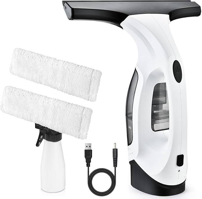 Cordless Window Vacuum Cleaner, Window Cleaner Squeegee Tool Set, Electric Windown Spray Cleaning Tool with 10 inch Squeegee Blade for Showers,Glass,Countertops,and Tiles, 2200mAh (Black White)