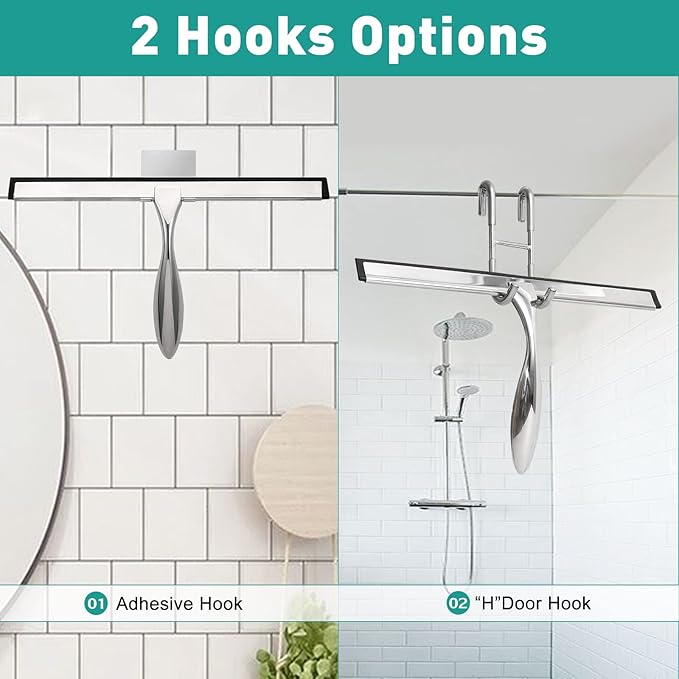 Shower Squeegee for Glass Doors,12-Inch Shower Glass Squeegee, Sliver Shower Squeegee for Shower Doors,Mirror,Windows, with Shower Door Hook and Adhesive Hook