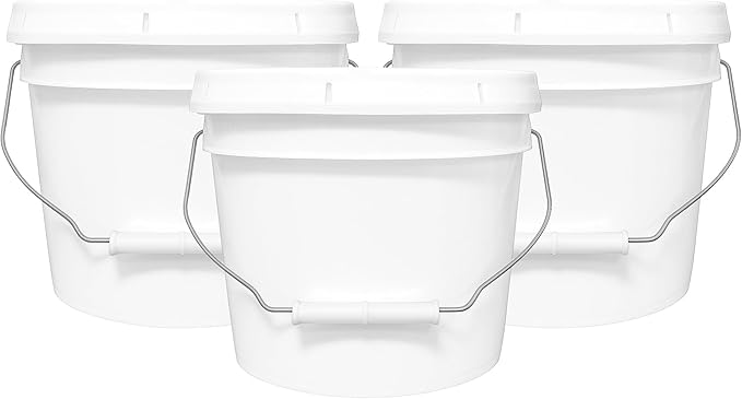 2-Gallon Bucket with Airtight Lid – Heavy-Duty Extra Durable Pail – Made in USA – Premium Quality HDPE – Food Grade – BPA Free – Metal Handle with Plastic Grip – Stackable – Multi-Use – White, 3 Pack