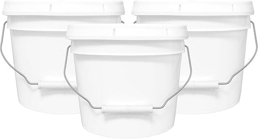 2-Gallon Bucket with Airtight Lid – Heavy-Duty Extra Durable Pail – Made in USA – Premium Quality HDPE – Food Grade – BPA Free – Metal Handle with Plastic Grip – Stackable – Multi-Use – White, 3 Pack
