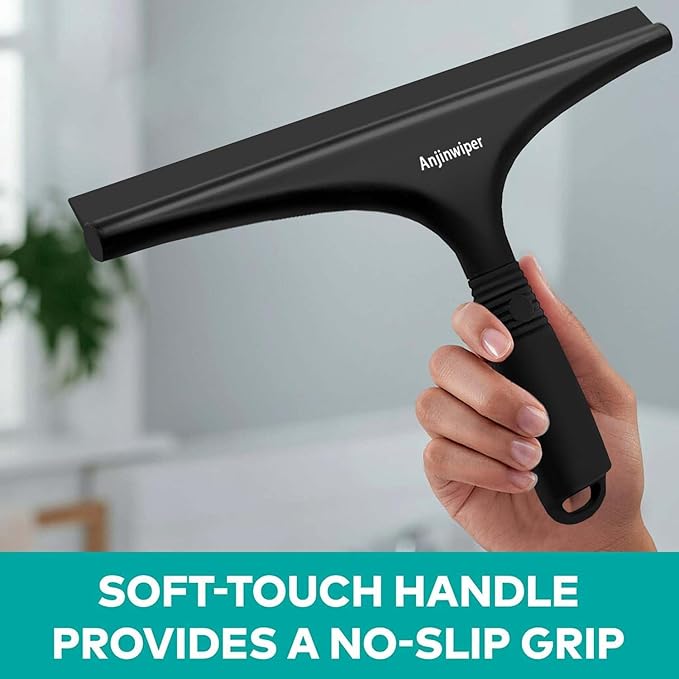 All-Purpose Shower Squeegee for Glass Doors with Hook, Silicone Squeegee for Shower Glass, Shower Doors, Windows, Bathroom, Mirrors and Tiles（10 inch, Black）