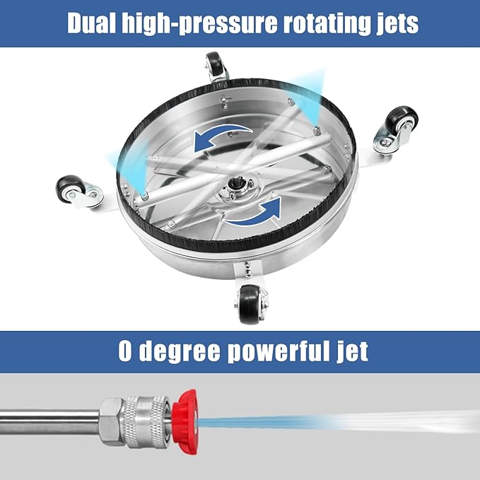 JANZ 16" Pressure Washer Surface Cleaner with 4 Wheels, Stainless Steel Housing, 1/4" Quick Plug, 2 Extension Wand Attachments, 2 Replacement Nozzles and 3 Spray Nozzles, 4000 PSI