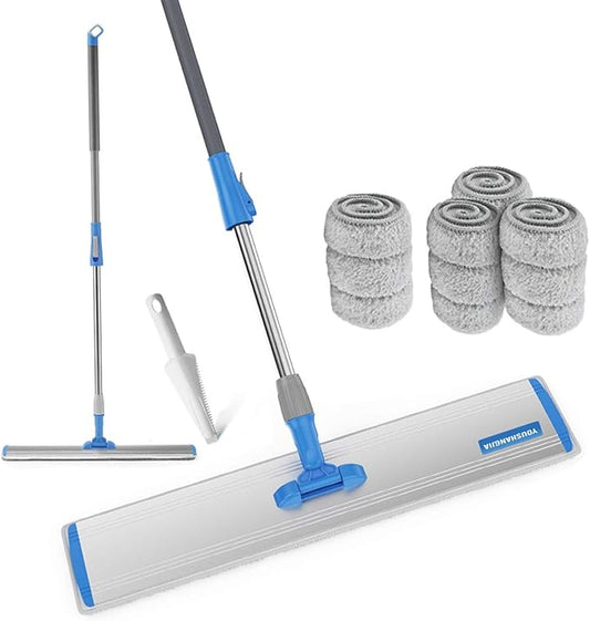 Microfiber Wet Mops 24 in Heavy Duty Flat Floor Mop Adjustable Handle with 4 Washable Mop Clothes