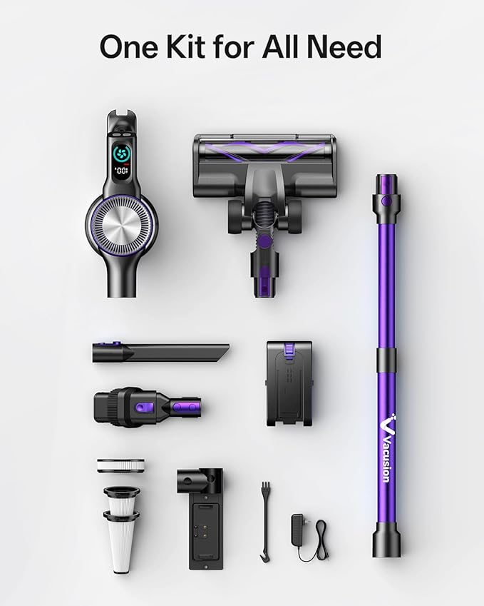 Cordless Vacuum Cleaner, 8-in-1 Cordless Stick Vacuum Cleaner with 3 Suction Modes, Up to 45mins Runtime, Rechargeable, Self-Standing, Vacuum Cleaners for Home Pet Hair Carpet Car Hard Floor, Purple