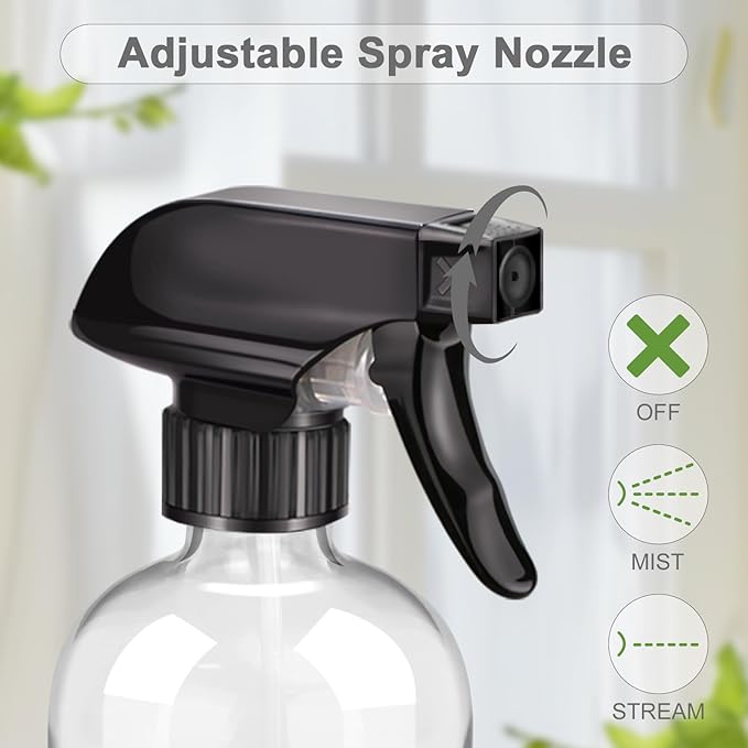 2 Pack Glass Spray Bottles with Silicone Sleeve, 16 oz Empty Refillable Containers with Adjustable Spray Nozzles, Spray Bottles for Hair, Cleaning Solutions and Plants Black&Grey