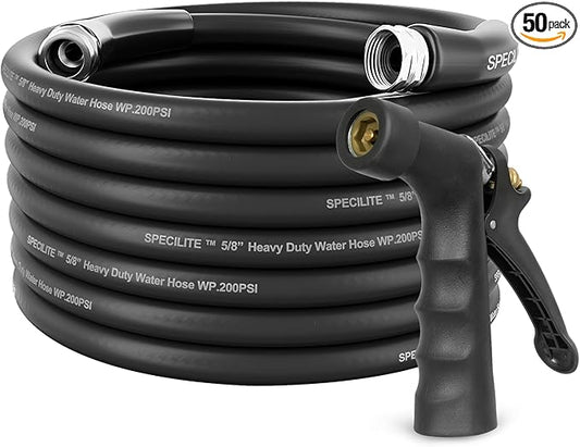 SPECILITE 5/8" Hot/Cold Garden Hose 50 ft with Industrial High Pressure Nozzle, Flexible & Lightweight, 600psi Burst Rubber Water hose -50℉-158℉ With 3/4"Stainless Steel Fittings for Yard, Black