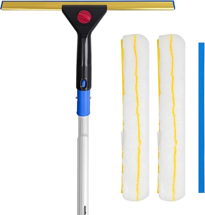 2 in 1 Window Squeegee & Squeegee Broom, 13.78" Heavy Duty Floor Squeegee Mop with 59" Extension Pole & 2 Scrubbers, Industrial Tile Floor Squeegee for Shower Glass Door Car Windshield