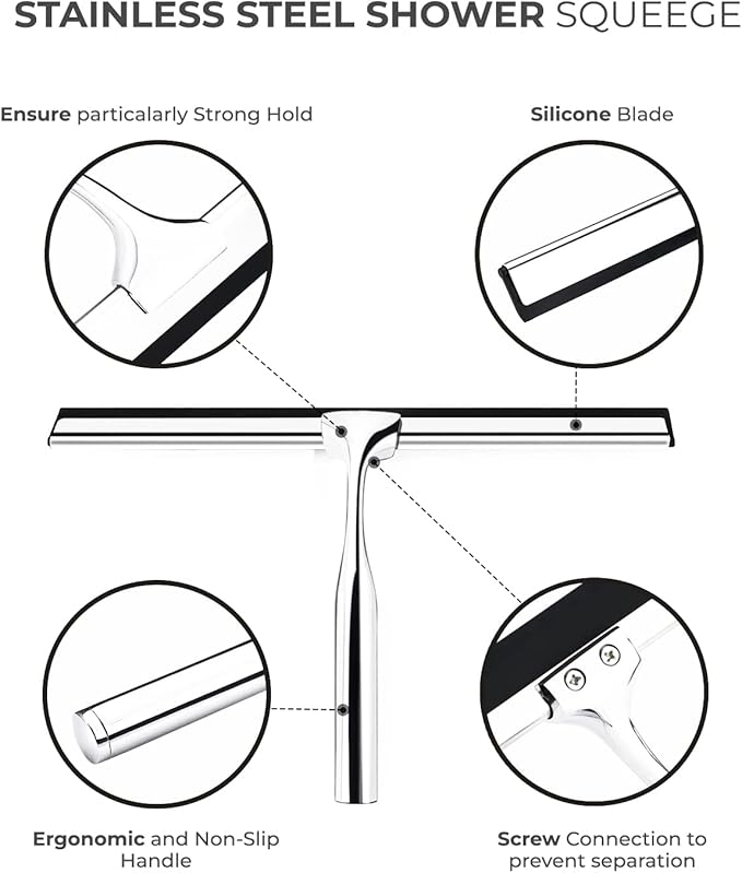 Squeegee for Shower Glass Door with Holder, 10" Silicone Blade, Stainless Steel Chrome Handle, for Kitchen Window, Bathroom Mirror & Car Glass Cleaning by Fab Glass and Mirror