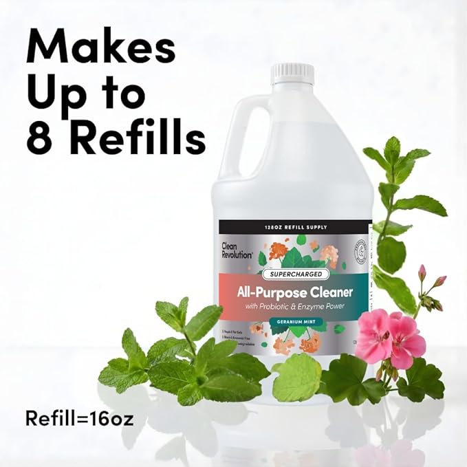 Clean Revolution SuperCharged All Purpose Cleaner Refill with Smart Probiotic + Enzyme Complex, Multi-Surface Kitchen Bathroom & Floor Cleaner, Geranium Mint, 128 Fl Oz