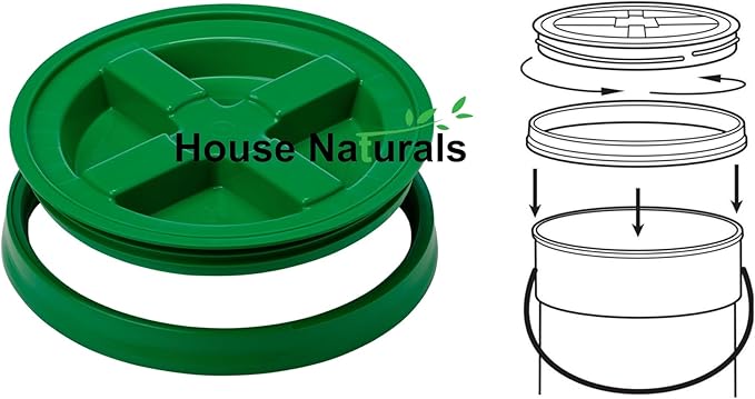 House Naturals Plastic Food Grade Made in USA Bucket with lid, Large 7 Gallon Container Comes with Screw On Lid (2, Yellow with Green lid)