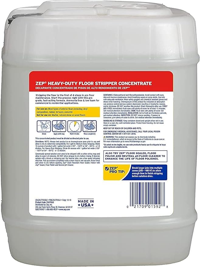 Zep Heavy-Duty Floor Stripper Ammonia Free Concentrate - 5 Gallon (1 Pail) ZULFFS5G - Dissolves and Removes Polish and Heavy Buildup from Hard Floors, Use on Vinyl (VCT), Concrete, Rubber, and No-Wax