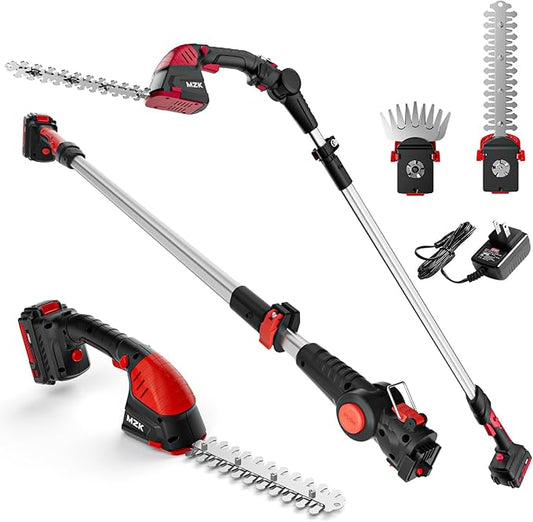 MZK 2-in-1 20V Pole Mini Hedge Trimmer & Grass Shear, 13ft Reach, Electric Hedge Trimmer with Extension Pole, Multi-Angle(Batteries and Charger Included)