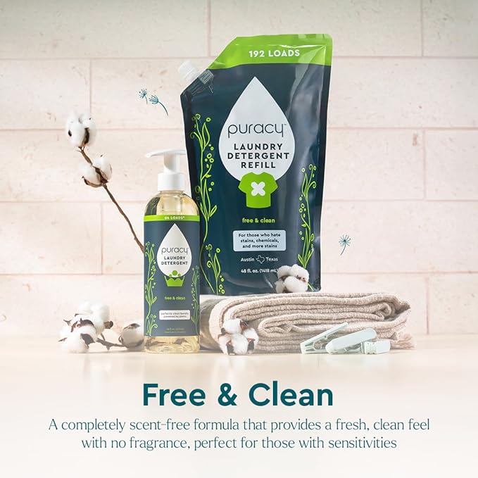 Puracy Laundry Detergent Refill - Enzyme-Powered Liquid Detergent Concentrate, Natural Laundry Detergent Seen on TikTok, Non-Toxic (Free & Clear, 48 fl oz, 192 Loads) (Pack of 2)