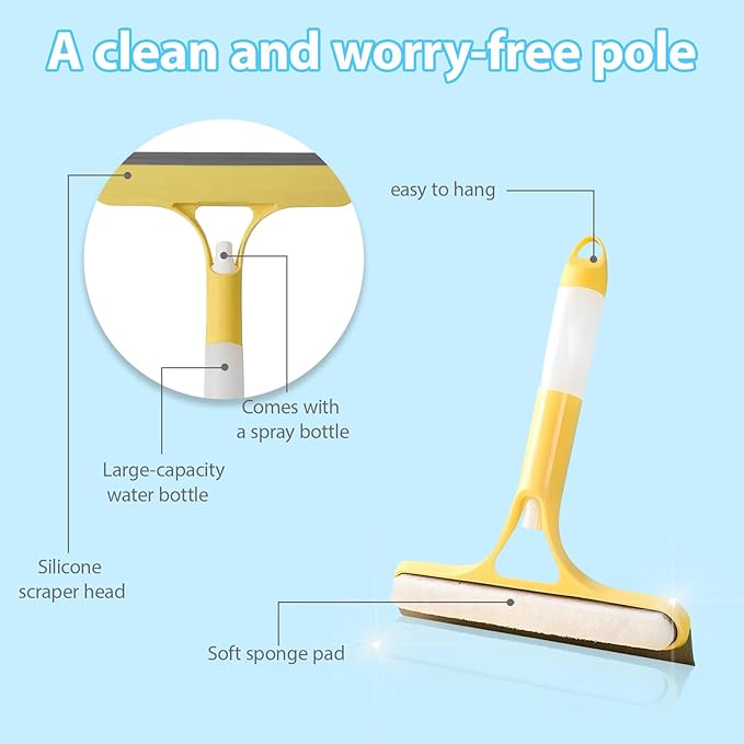 3 in 1 Window Cleaning Scraper Shower Squeegee for Glass Doors Mirror with Sprayer Squiggy for Windshield Cleaner Tool Washing Spray Home Floor Scraper(Blue)