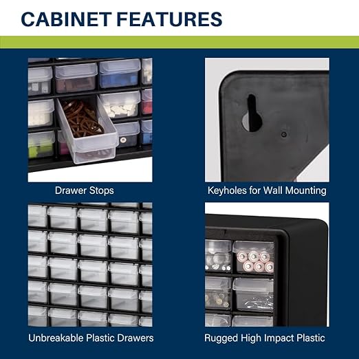 Akro-Mils 64-Drawer Plastic Storage Cabinet, 20-Inch W x 6-Inch D x 16-Inch H | Black | Model 10164 | Garage Organization