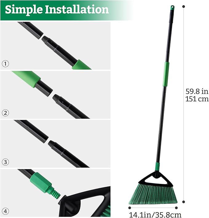 Eyliden Broom, Angle Broom with 57" Long Handle | Fit Heavy-Duty Cleaning, Also Works Well Fine Dust | Commercial Outdoor Indoor Sweeper for Courtyard Sidewalk Deck Kitchen Lobby Garage, Green